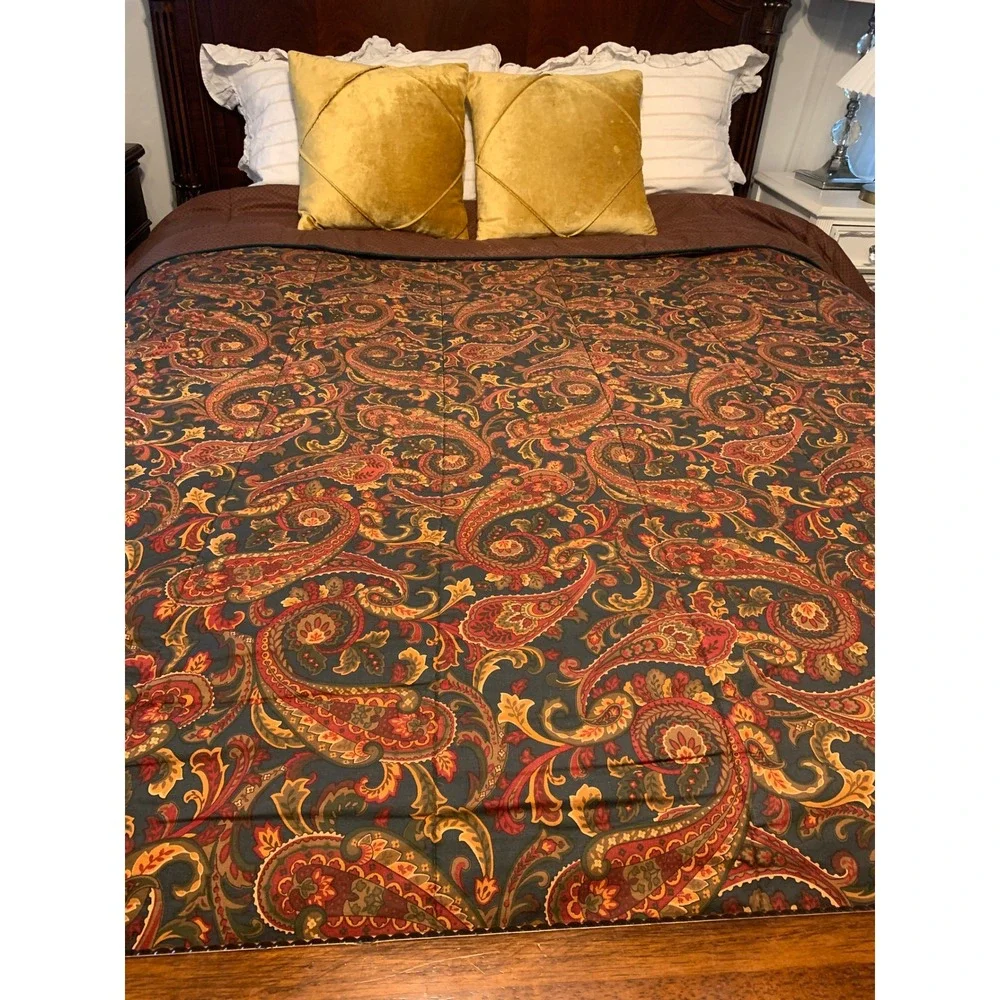Croscill Vintage Paisley Comforter Green Burgundy Red Reversible Made in USA
